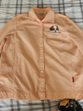 Embroidered Puppy Button-Up Shirt - Peach/ KUNIO SATO